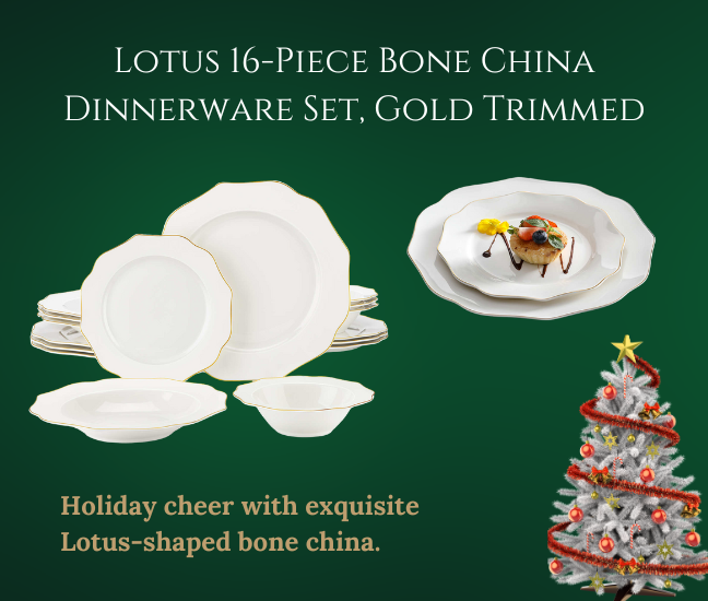 MALACASA Lotus 16 Piece Porcelain Dinnerware Set with Gold Trim