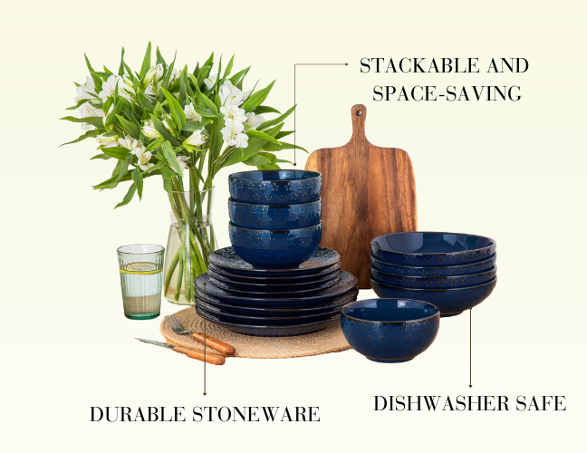 MALACASA Lydia 16 Piece Starry Blue Dinnerware Set